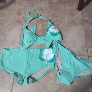 XOXO Mint Green Hibiscus Flower Bikini Set Of 3
